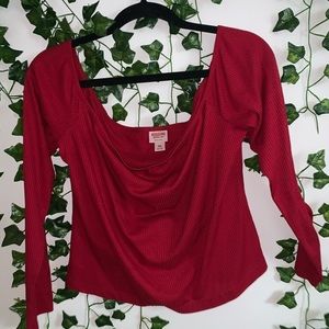 Red Crop Off the shoulder long sleeve ribbed